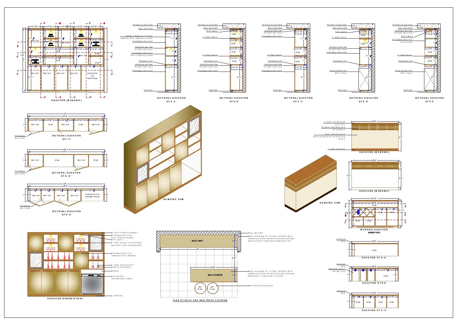 Home Bar Counter with Bottle Display CAD Drawing